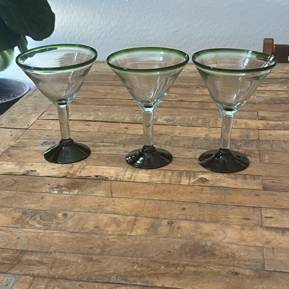 Mexican Hand Blown Martini Glasses Green Rim 7.25" Tall Set of 3